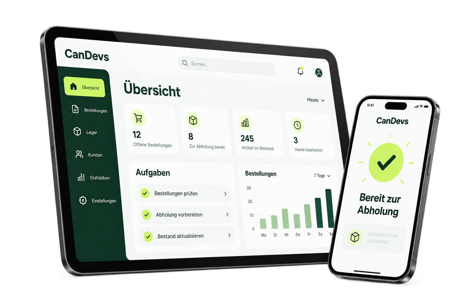 Illustrative CanDevs-Produktansicht auf Tablet und Smartphone